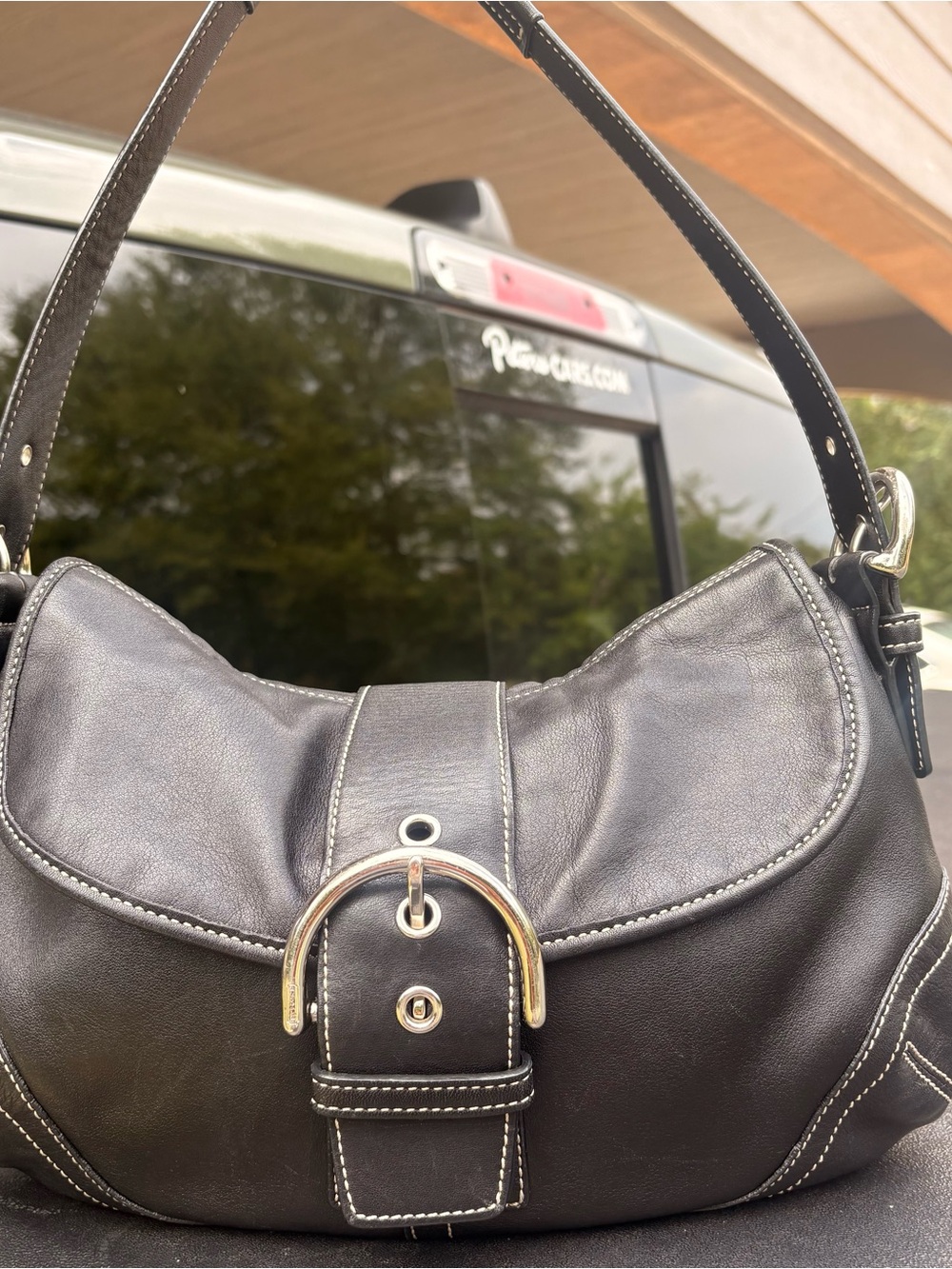 Classic Black Leather Shoulder Bag with Silver Buckle SoHo